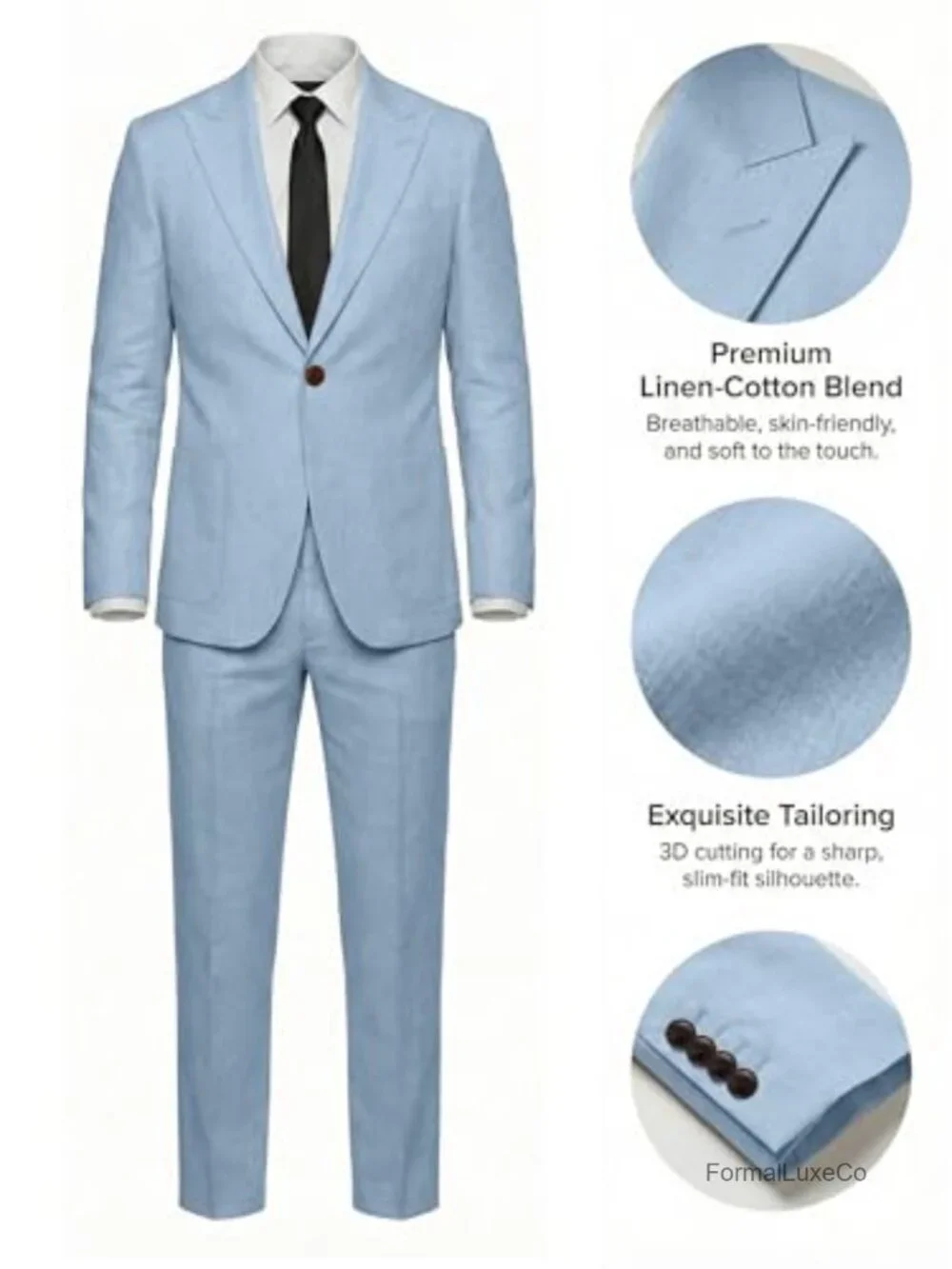 Men's Linen 2-Piece Suit Slim Fit Beach Wedding Tuxedo Groomsmen Blazer & Dress